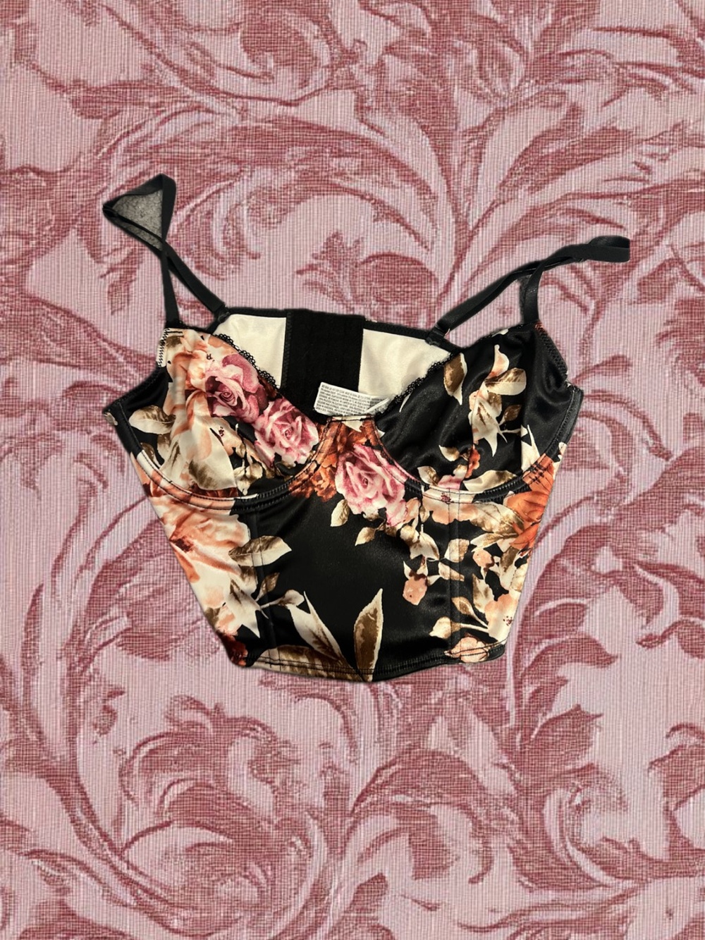 H&M Black Floral Bustier Top with Pink and Cream Roses